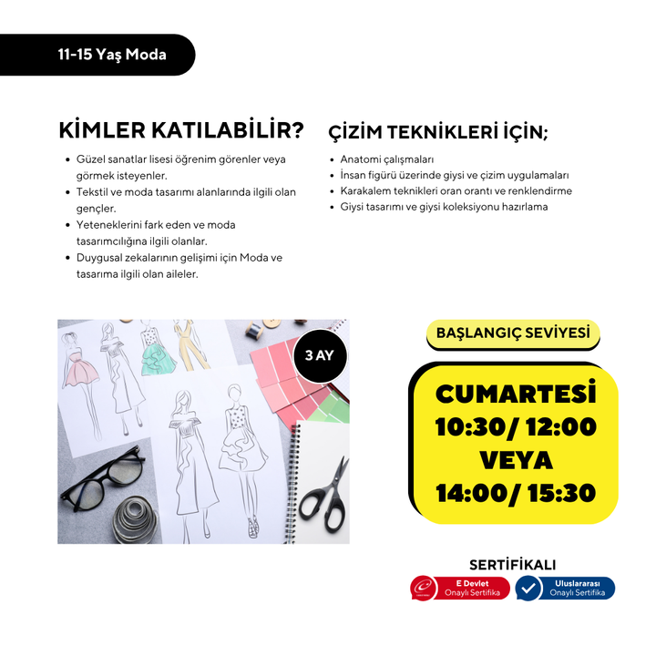 Moda (11-15 Yaş'a Özel)-Kıyafet Tasarım,Aksesuar,Temel Kalıp (Yüz Yüze)