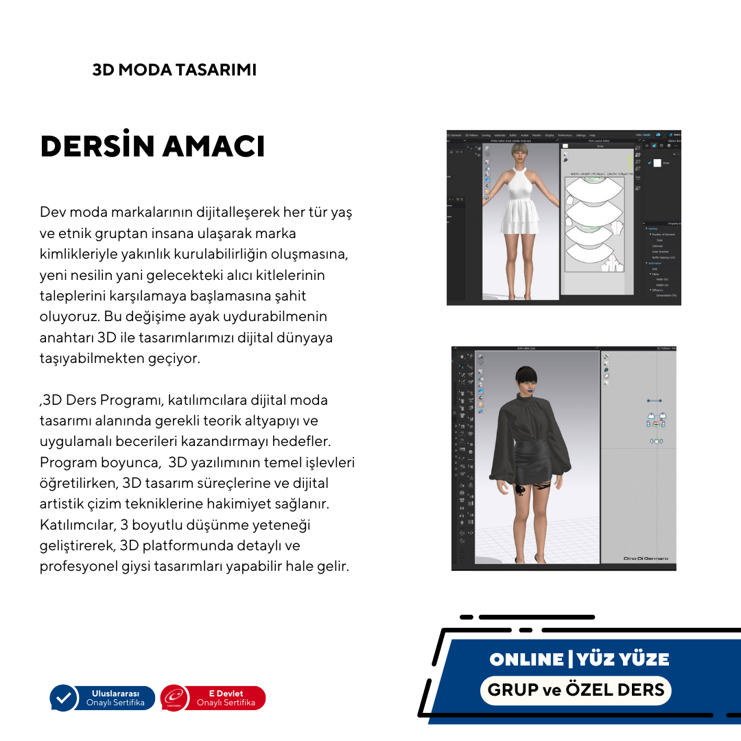 3D MODA TASARIMI ÖZEL / GRUP  (ONLINE / YÜZ YÜZE) TEMEL VE İLERİ SEVİYE
