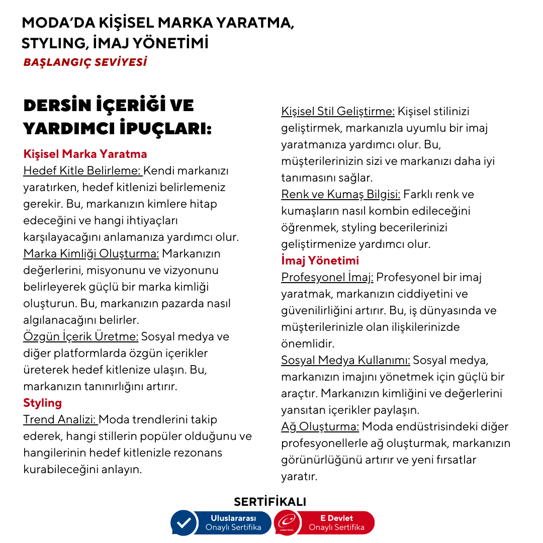 Moda'da Kişisel Marka Yaratma,Styling, İmaj Yönetimi -Başlangıç Seviyesi