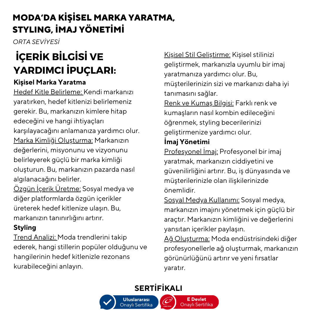 Moda'da Kişisel Marka Yaratma,Styling, İmaj Yönetimi -Orta Seviye