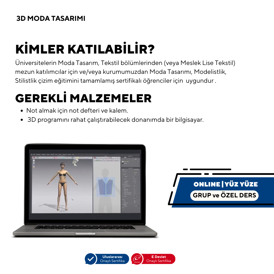 3D MODA TASARIMI ÖZEL / GRUP  (ONLINE / YÜZ YÜZE) TEMEL VE İLERİ SEVİYE