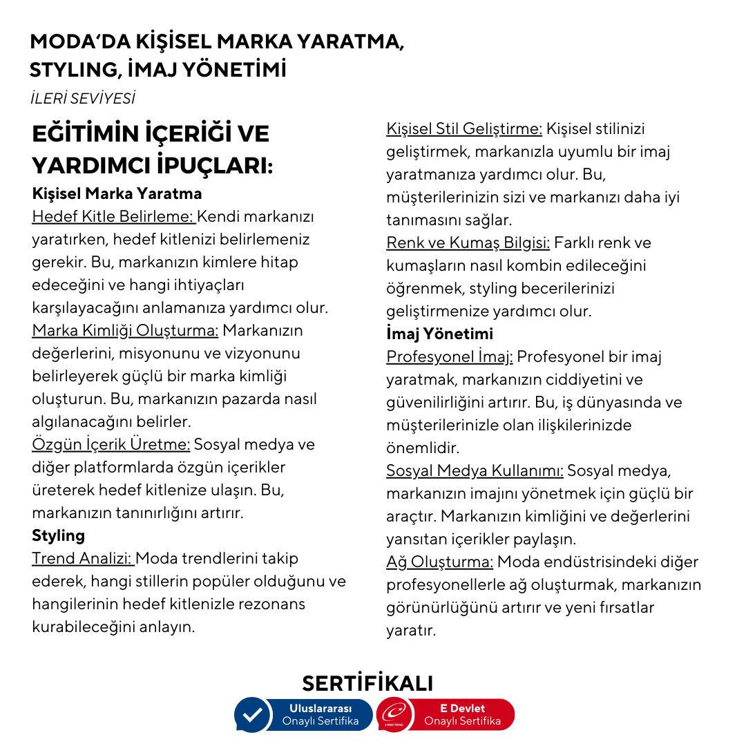 Moda'da Kişisel Marka Yaratma,Styling, İmaj Yönetimi  -İleri Seviye