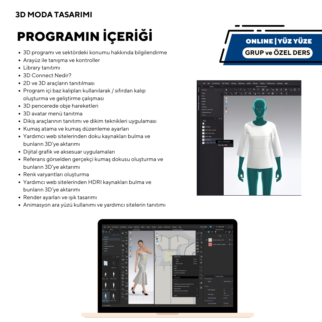 3D MODA TASARIMI ÖZEL / GRUP  (ONLINE / YÜZ YÜZE) TEMEL VE İLERİ SEVİYE