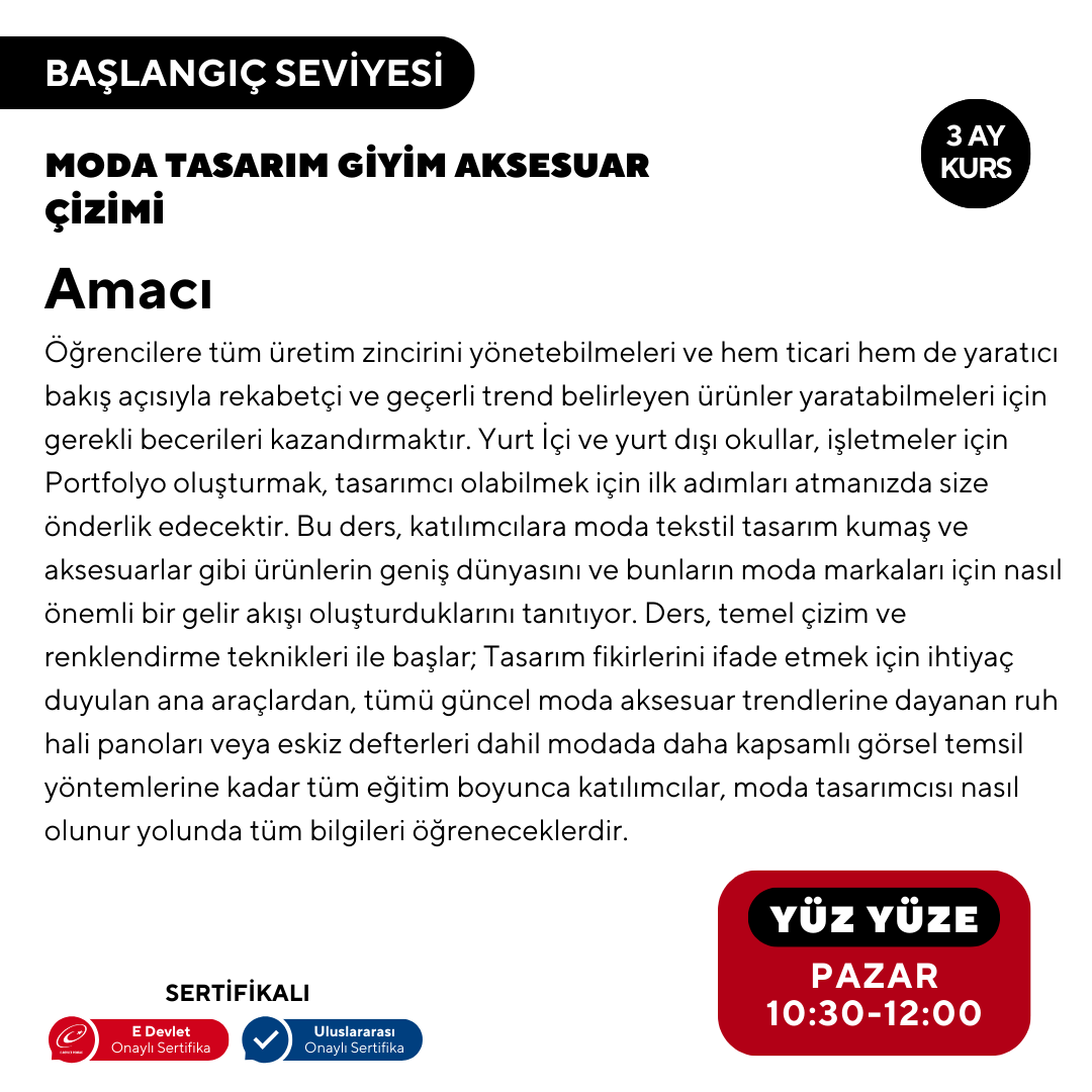 Moda Tasarım Giyim Aksesuar Çizim (Yüz Yüze)
